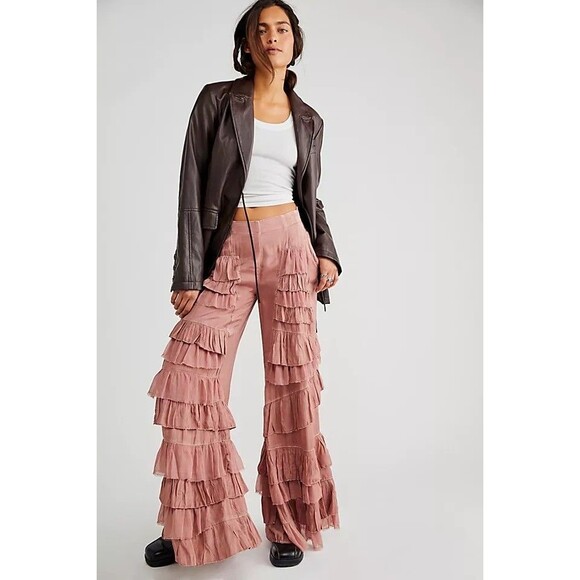 Free People Rock And Frill Pants Ruffle Mauve Tiered Smocked Pull-on S 285680